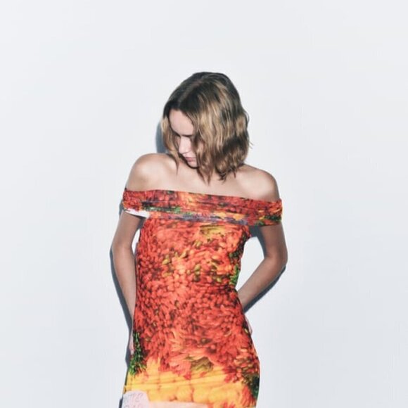 New Zara Picante All Over Print Over The Shoulder Tulle Maxi Dress NWT Small - Picture 4 of 12